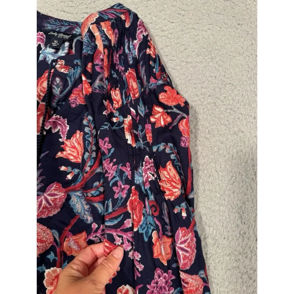 Lucky Brand Womens Blouse XL Dark Blue Red Pink Floral Long Sleeve Tie‎ Front - Picture 2 of 12